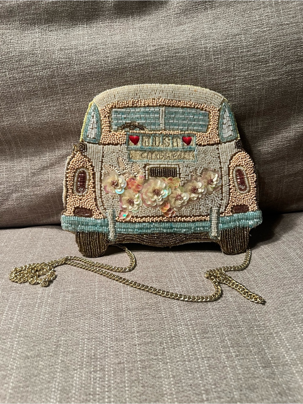 Beaded Vintage “Just Married” Car Crossbody Bag in Ivory and Aqua